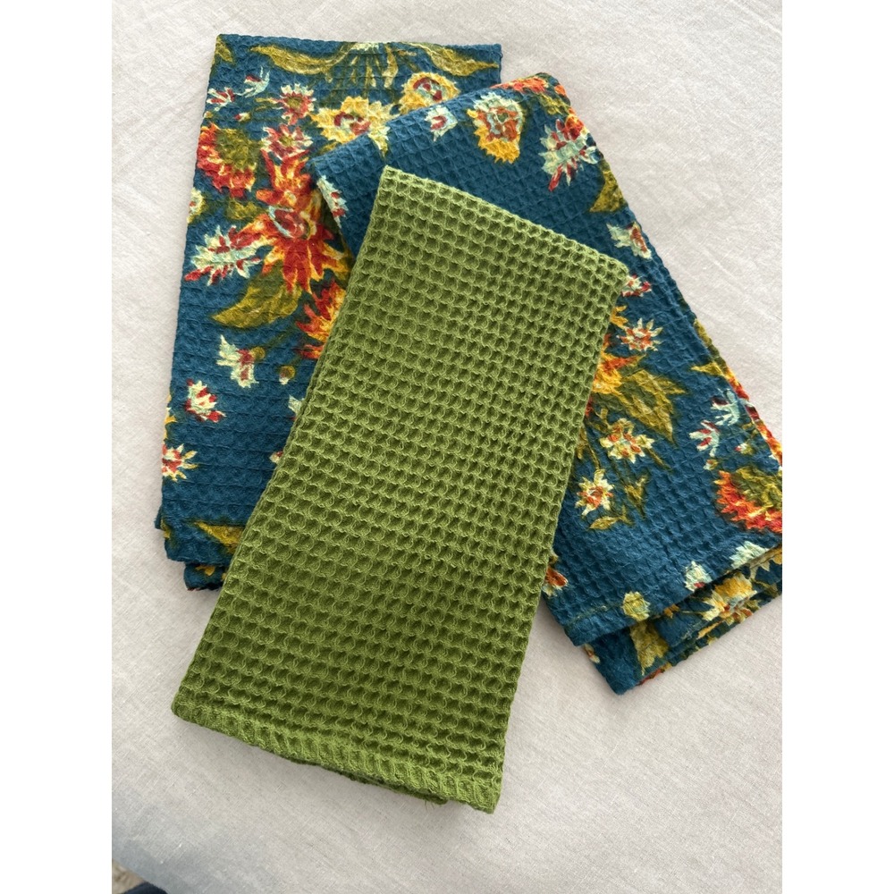 April Cornell Waffle Weave‎ Tea Towels Set of 3 Floral Teal Olive Green